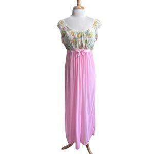 70's Nylon Long Gown Whimsical Cottagecore Prairie Print Women's L Nightgown